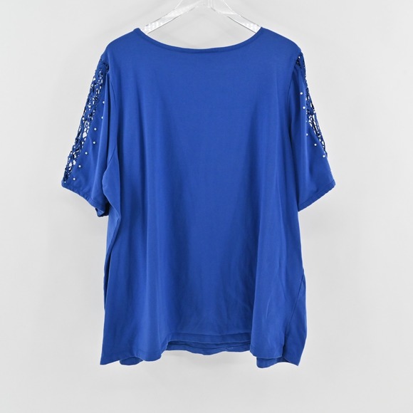 Quacker Factory Womens Lace Sleeve Knit Royal Blue Top Size 3X Faux Pearl Detail - Picture 2 of 11